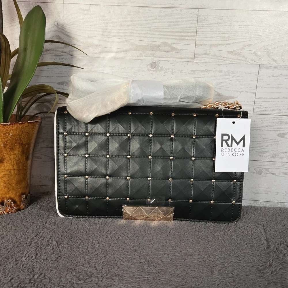 Rebecca Minkoff Black Quilted Shoulder Bag with Gold Studs